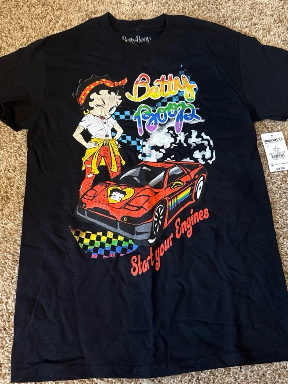 NWT Betty Boop size Small Black Graphic Racing Tee Start Your Engines"